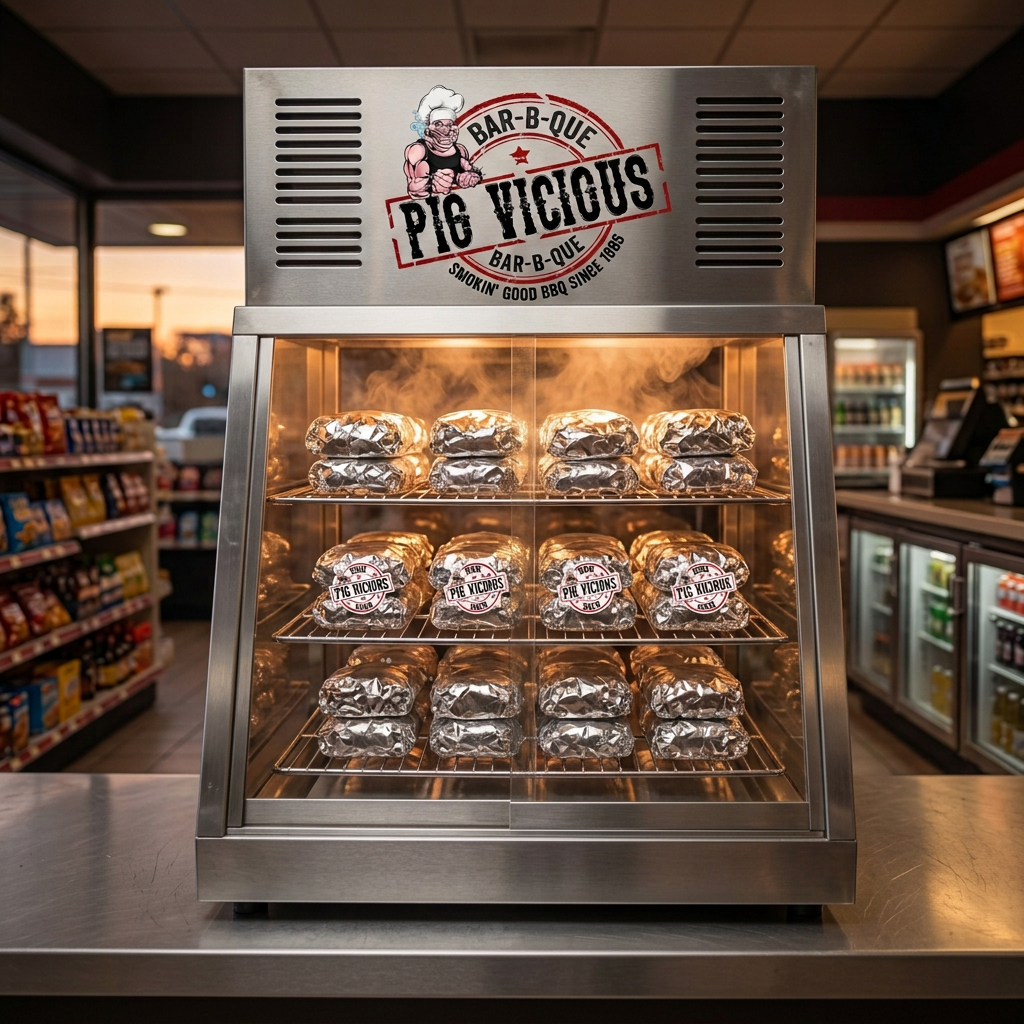 Pig Vicious BBQ tabletop warmer filled with foil-wrapped sandwiches at a gas station counter