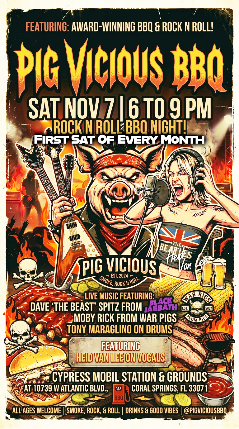 Rock & Roll BBQ Night flyer — Pig Vicious BBQ, Saturday Nov 7, 6 to 9 PM, live music with Dave 'The Beast' Spitz, Moby Rick and Tony Maraglino on drums, Heid Van Lee on vocals, Cypress Mobil, Coral Springs